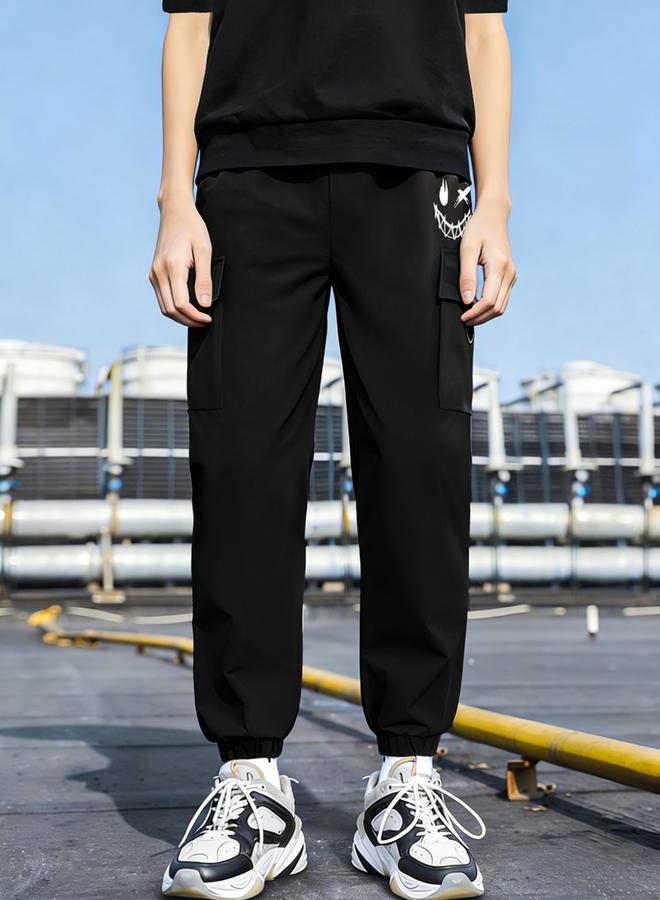 Take Two Boys Black Cargo Pants With Smile Graphic - Image 1