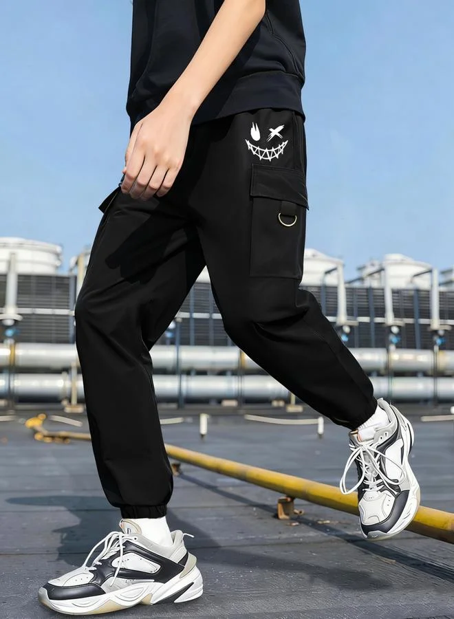 Take Two Boys Black Cargo Pants with Smile Graphic