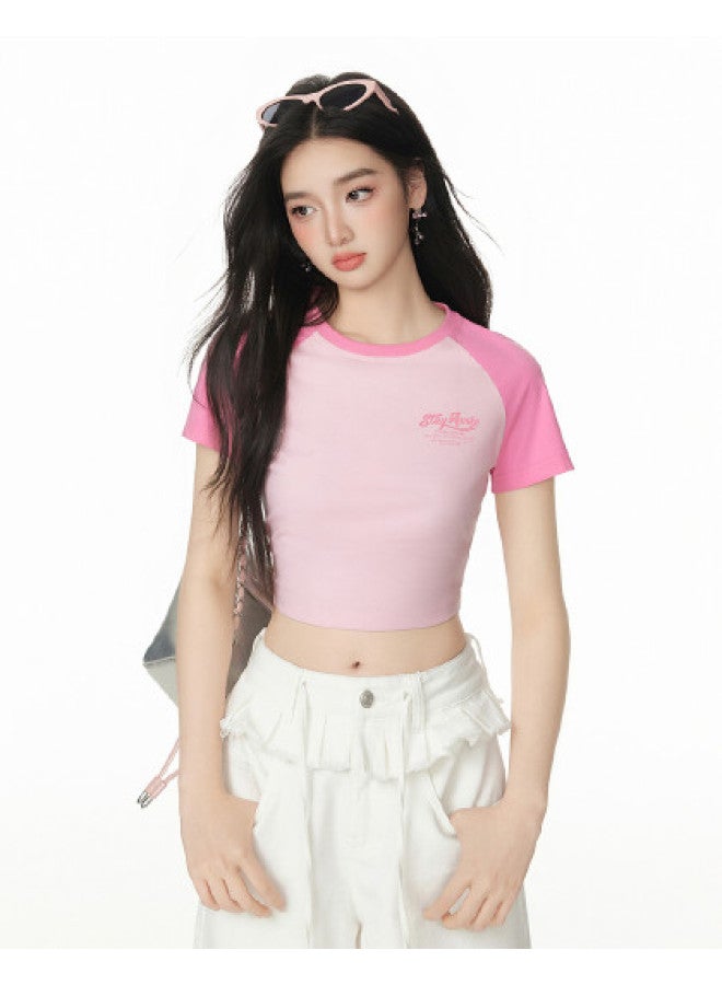 EPTISON Women's Short Sleeve T-shirt 2025 Summer New Retro Sporty Letter Print Slim Fit Cropped Raglan Top - Image 1