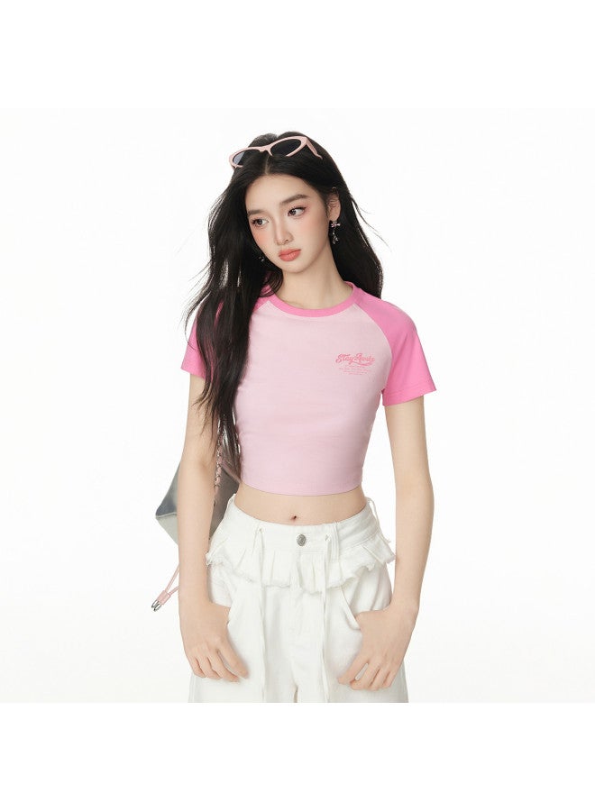 EPTISON Women's Short Sleeve T-shirt 2025 Summer New Retro Sporty Letter Print Slim Fit Cropped Raglan Top - Image 2