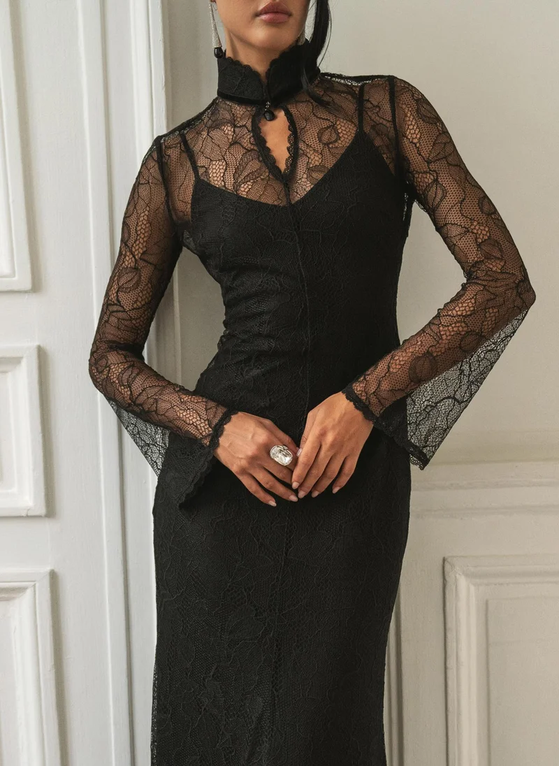 Fitted guipure maxi dress with high collar