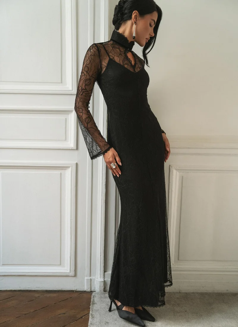Lichi Fitted guipure maxi dress with high collar