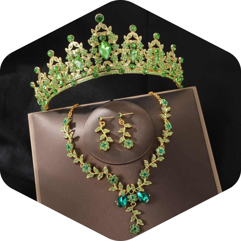 Kamirola Tiaras and Crowns for Women,Tiaras Earrings Necklace, Crystal Bridal Jewelry Set, Costume Party Halloween Prom Pageant Jewelry for Women(TR45) (Green) - Image 1