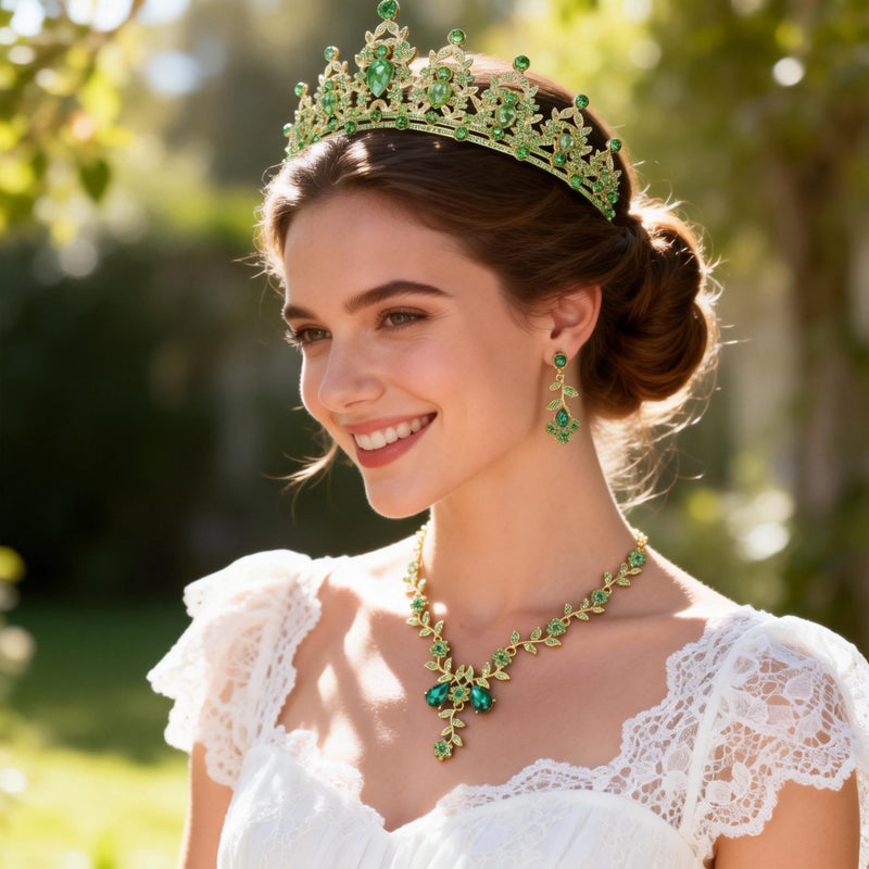 Kamirola Tiaras and Crowns for Women,Tiaras Earrings Necklace, Crystal Bridal Jewelry Set, Costume Party Halloween Prom Pageant Jewelry for Women(TR45) (Green) - Image 3