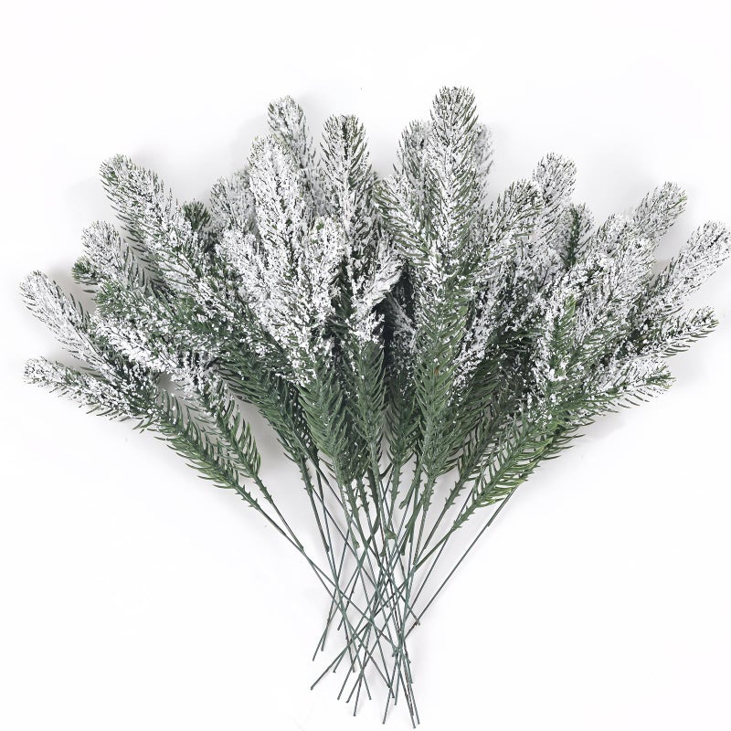 HBell 24Pcs Snowy Artificial Pine Needles Branches Twigs 24cm Fake Frosted Pine Picks Greenery Stems Christmas Tree Pick Winter Faux Fir Sprays Twig for Crafts Christmas Wreaths Season Decor