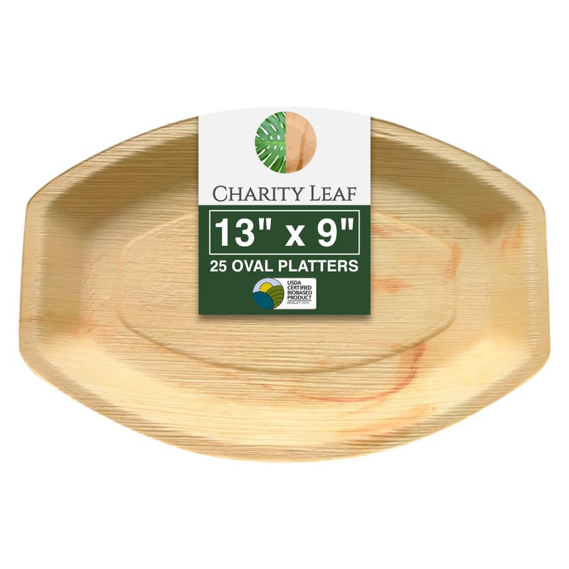 Charity Leaf Disposable Palm Leaf 13"" x 9"" Trays (25 pieces) Bamboo Like Serving Platters  Disposable Boards  Eco-Friendly Dinnerware For Weddings  Catering  Events - Image 1