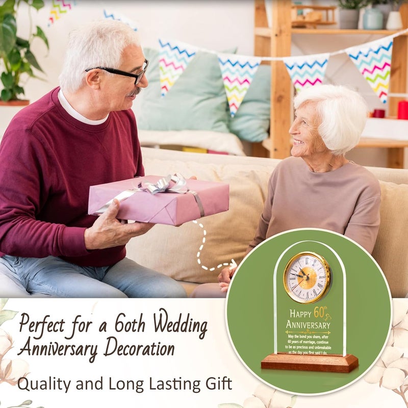OkiyiD 60th Anniversary Wedding Gift, Anniversary Quartz Clock, Desk Table Clock, 60 Years of Marriage, Golden Wedding for Couple, Parents, Grandparents (Wooden Base with LED Light) - Image 3