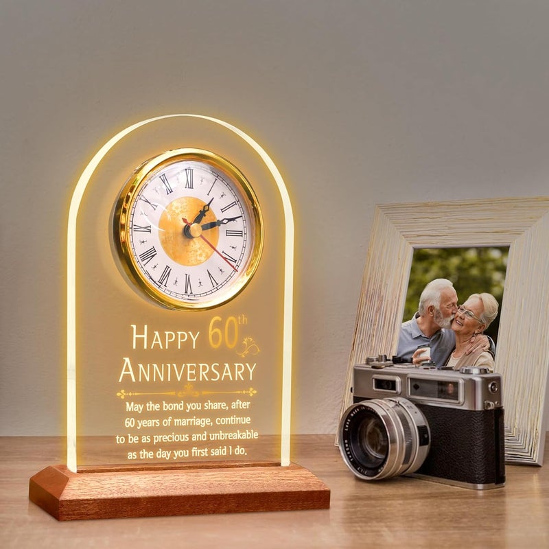 OkiyiD 60th Anniversary Wedding Gift, Anniversary Quartz Clock, Desk Table Clock, 60 Years of Marriage, Golden Wedding for Couple, Parents, Grandparents (Wooden Base with LED Light) - Image 4
