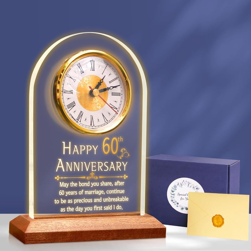 OkiyiD 60th Anniversary Wedding Gift, Anniversary Quartz Clock, Desk Table Clock, 60 Years of Marriage, Golden Wedding for Couple, Parents, Grandparents (Wooden Base with LED Light) - Image 1