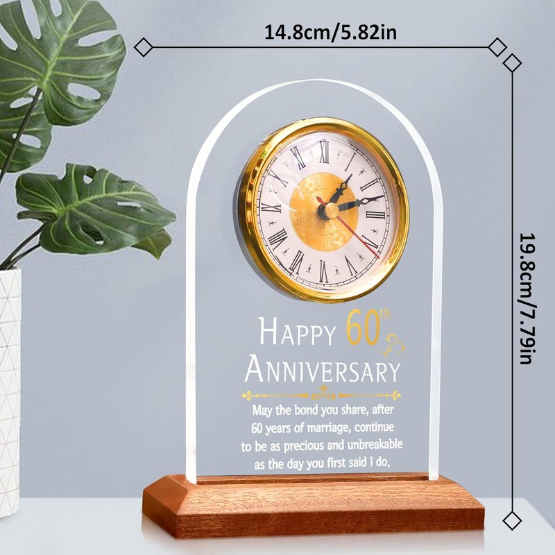 OkiyiD 60th Anniversary Wedding Gift, Anniversary Quartz Clock, Desk Table Clock, 60 Years of Marriage, Golden Wedding for Couple, Parents, Grandparents (Wooden Base with LED Light) - Image 5