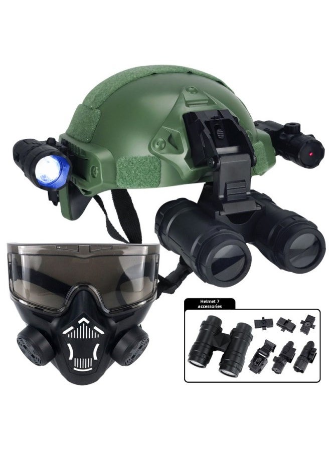FAST Tactical Helmet With Hanging Walkie-talkie Summer Camp Outdoor Training Equipment Full Set Of Small Special Police Intercom Helmet-Color:Green Half Helmet (no Hole Model) + 7-piece Set Of Double-barreled Gas Masks  - Image 1