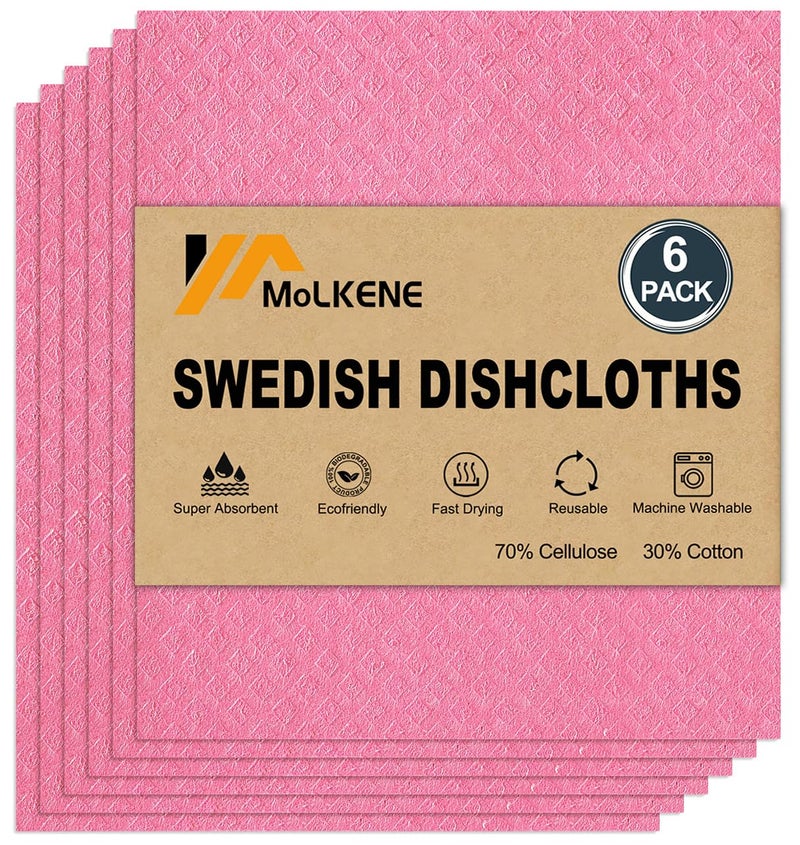 Molkene Swedish Dishcloths For Kitchen | 6 Pack Absorbent Cellulose Sponge Cloths Washable | Non-Scratch Reusable Paper Towels Quick Drying Cleaning Cloths - Pink - Image 1