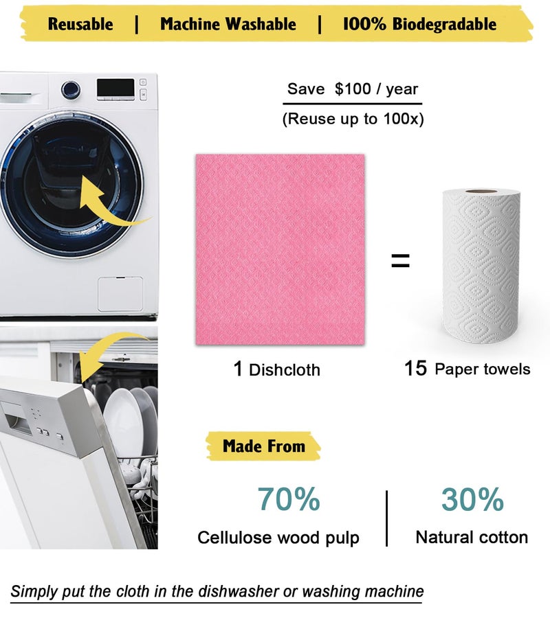 Molkene Swedish Dishcloths For Kitchen | 6 Pack Absorbent Cellulose Sponge Cloths Washable | Non-Scratch Reusable Paper Towels Quick Drying Cleaning Cloths - Pink - Image 4
