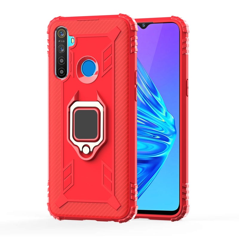 HuHa Case Cover For OPPO Realme 5S Carbon Fiber Protective Case with 360 Degree Rotating Ring Holder(Red) - Image 1
