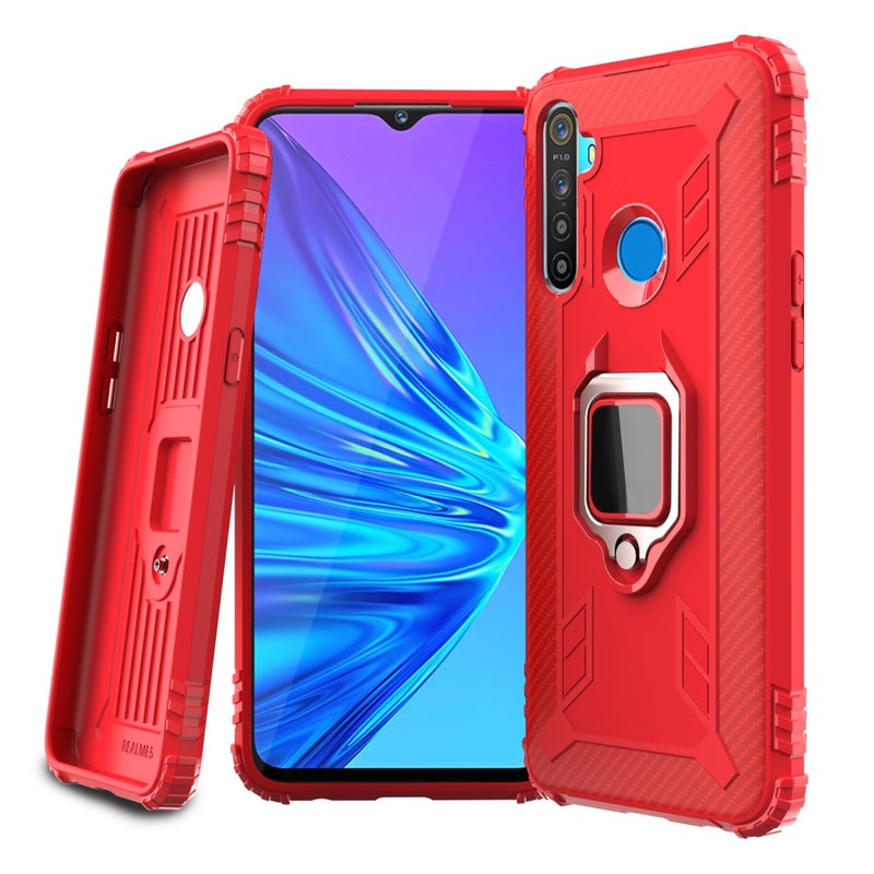 HuHa Case Cover For OPPO Realme 5S Carbon Fiber Protective Case with 360 Degree Rotating Ring Holder(Red) - Image 2