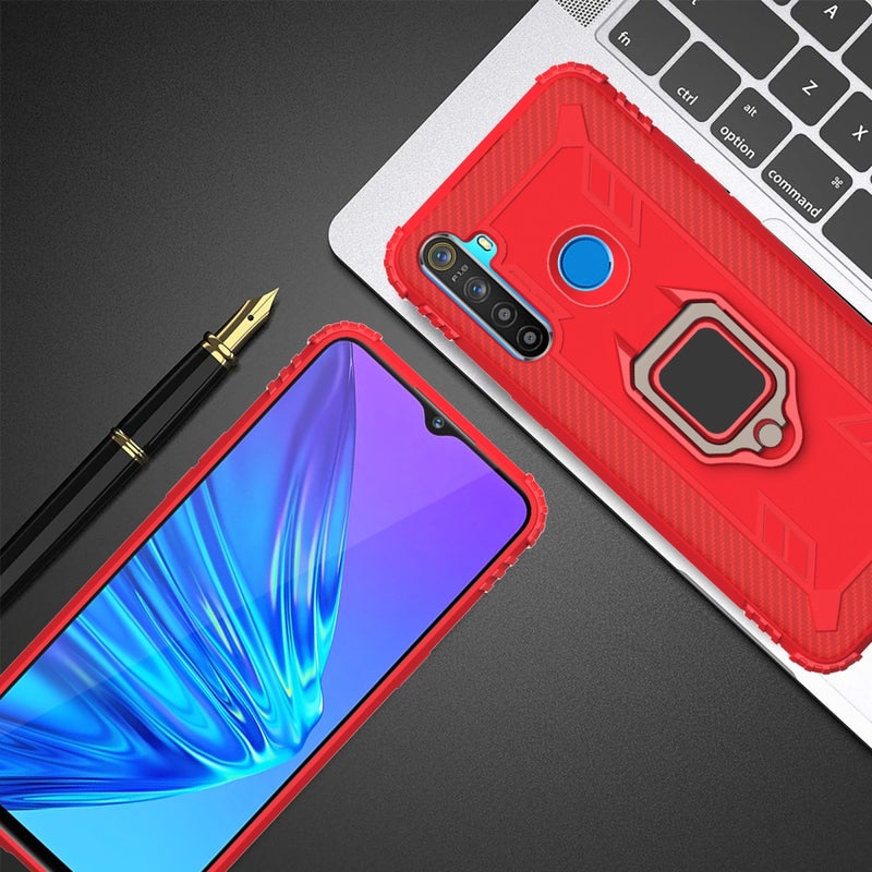 HuHa Case Cover For OPPO Realme 5S Carbon Fiber Protective Case with 360 Degree Rotating Ring Holder(Red) - Image 5