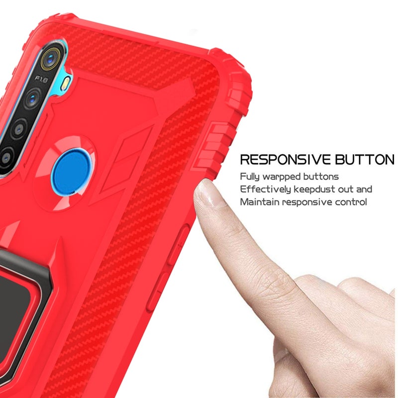 HuHa Case Cover For OPPO Realme 5S Carbon Fiber Protective Case with 360 Degree Rotating Ring Holder(Red) - Image 4