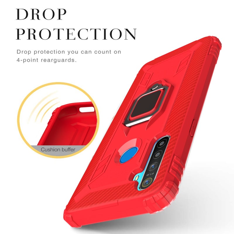 HuHa Case Cover For OPPO Realme 5S Carbon Fiber Protective Case with 360 Degree Rotating Ring Holder(Red) - Image 3