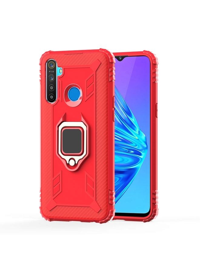 HuHa Case Cover For Realme 5S Carbon Fiber Protective Case with 360 Degree Rotating Ring Holder Red 
