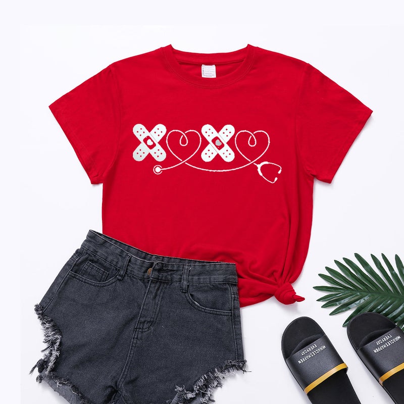 wish cross-border new spot Leisure International Nurse's day XOXO stethoscope fun printing round neck T women's short sleeve - Image 5