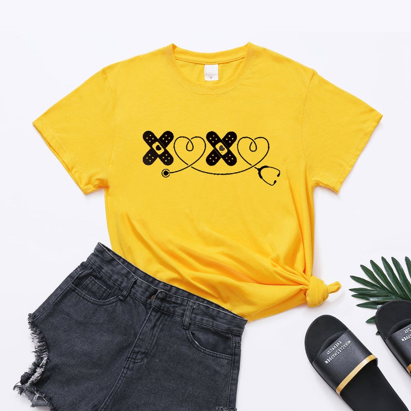 wish cross-border new spot Leisure International Nurse's day XOXO stethoscope fun printing round neck T women's short sleeve - Image 4