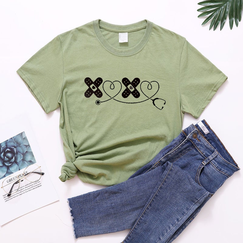 wish cross-border new spot Leisure International Nurse's day XOXO stethoscope fun printing round neck T women's short sleeve - Image 3