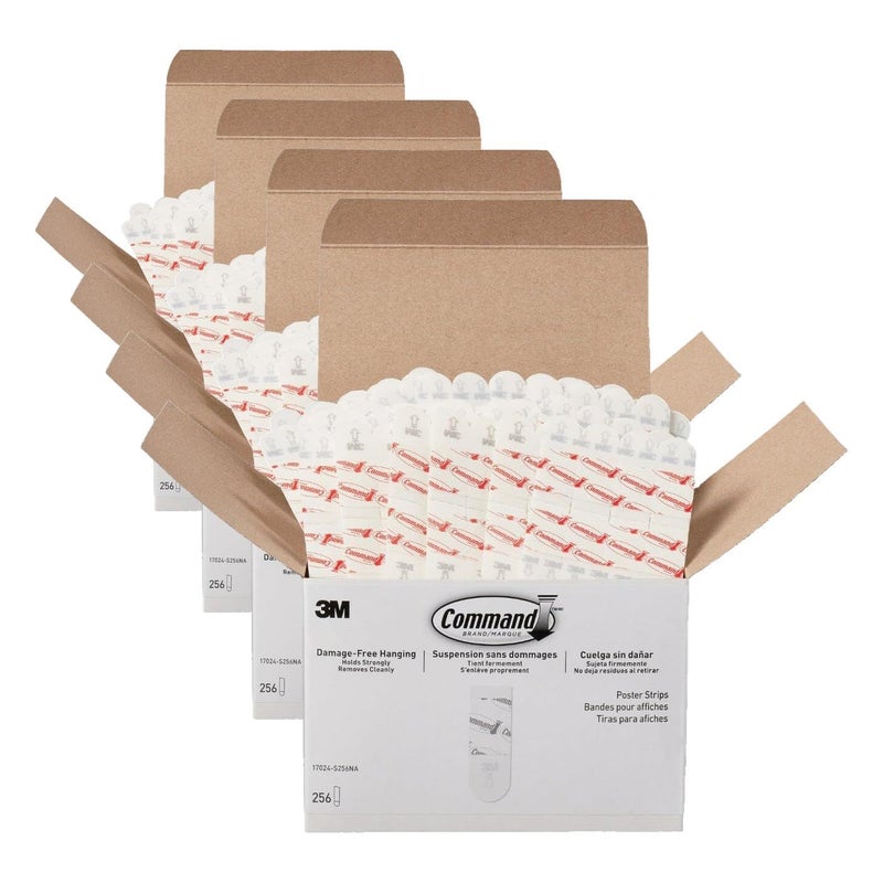 Command Poster Strips, Damage Free Hanging Poster Hangers, No Tools Wall Hanging Strips for Posters, 256 White Adhesive Strips (Pack of 4) - Image 1
