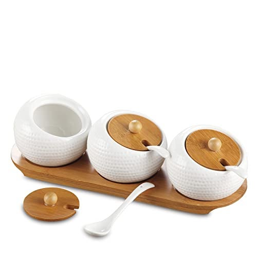 Mockery Porcelain Condiment Jar Spice Container with Bamboo Lids, Ceramic Spoons and Wooden Serving Tray, Pottery Cruet Pot for Sugar, Spice, Salt For Kitchen, Ceramic Seasoning Box Set (Set of 3) - Image 1
