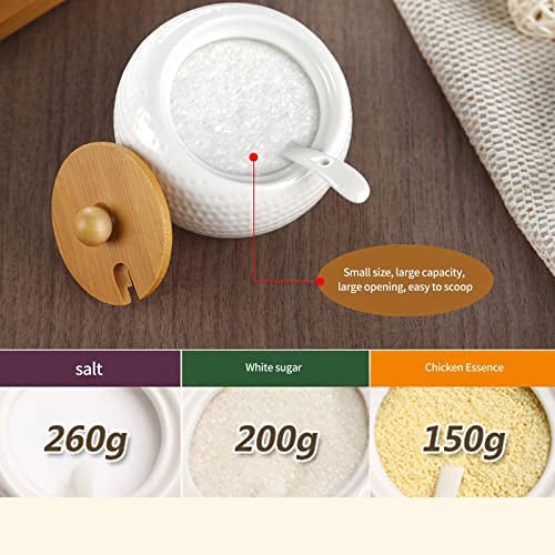 Mockery Porcelain Condiment Jar Spice Container with Bamboo Lids, Ceramic Spoons and Wooden Serving Tray, Pottery Cruet Pot for Sugar, Spice, Salt For Kitchen, Ceramic Seasoning Box Set (Set of 3) - Image 2
