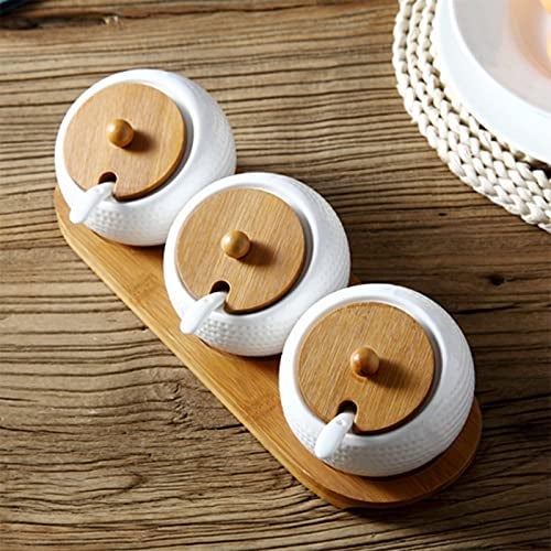 Mockery Porcelain Condiment Jar Spice Container with Bamboo Lids, Ceramic Spoons and Wooden Serving Tray, Pottery Cruet Pot for Sugar, Spice, Salt For Kitchen, Ceramic Seasoning Box Set (Set of 3) - Image 5