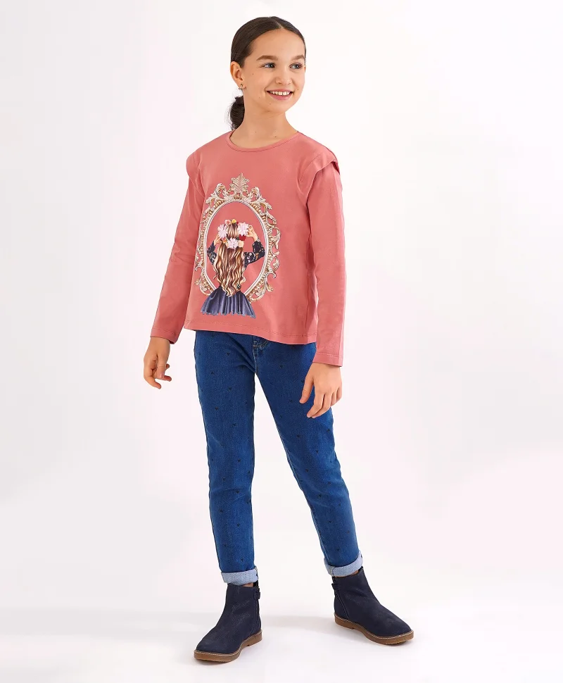 Primo Gino Primo Gino Cotton Elastane Full Sleeves Digital Print T-Shirt With 3D Flowers- Peach