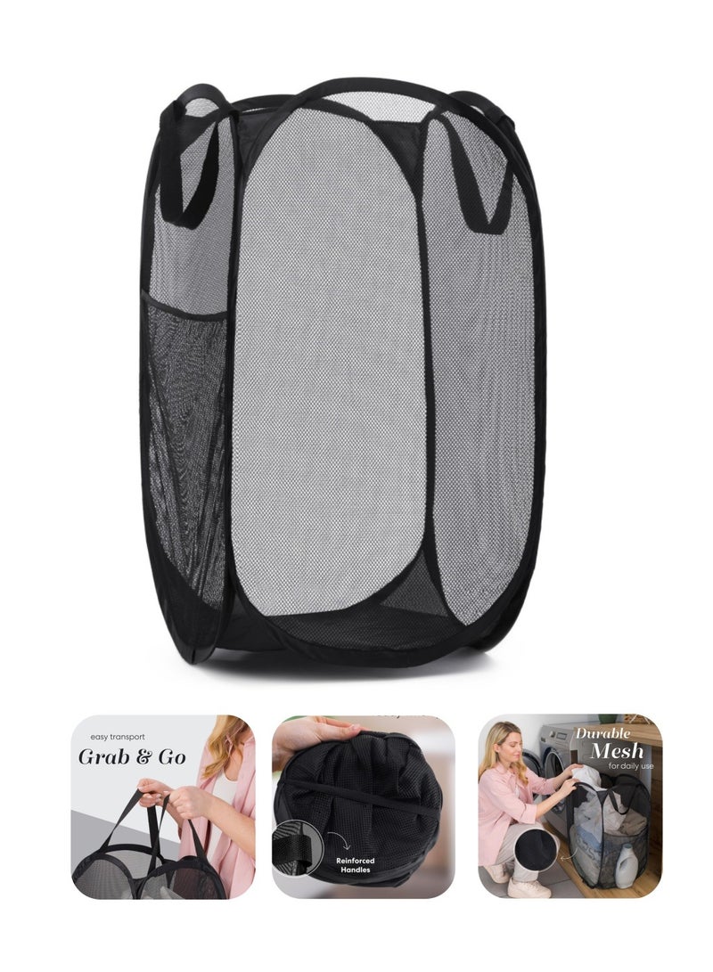 Mmmon Handy Laundry Collapsible Mesh Pop Up Hamperwith Wide Opening and Side Pocket - Breathable,Sturdy, Foldable, and Space-Saving Design forClothes and Storage. (Black) - Image 1