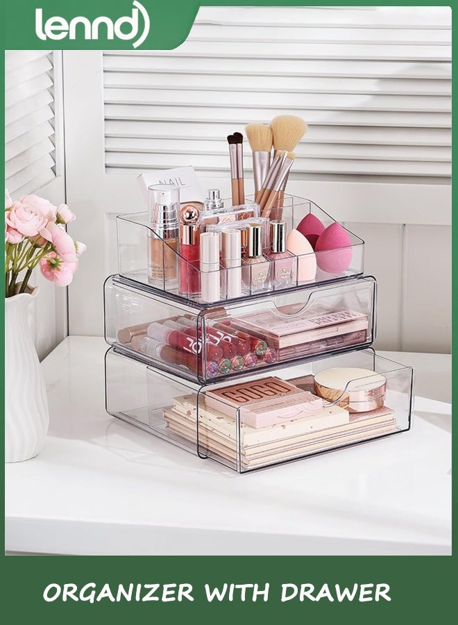 LENND 3 Tier Clear Makeup Organizer with Drawer, Cosmetic Storage for Dresser Countertop and Bathroom Vanity, Beauty Holder for Lipstick Brush Skincare - Image 1