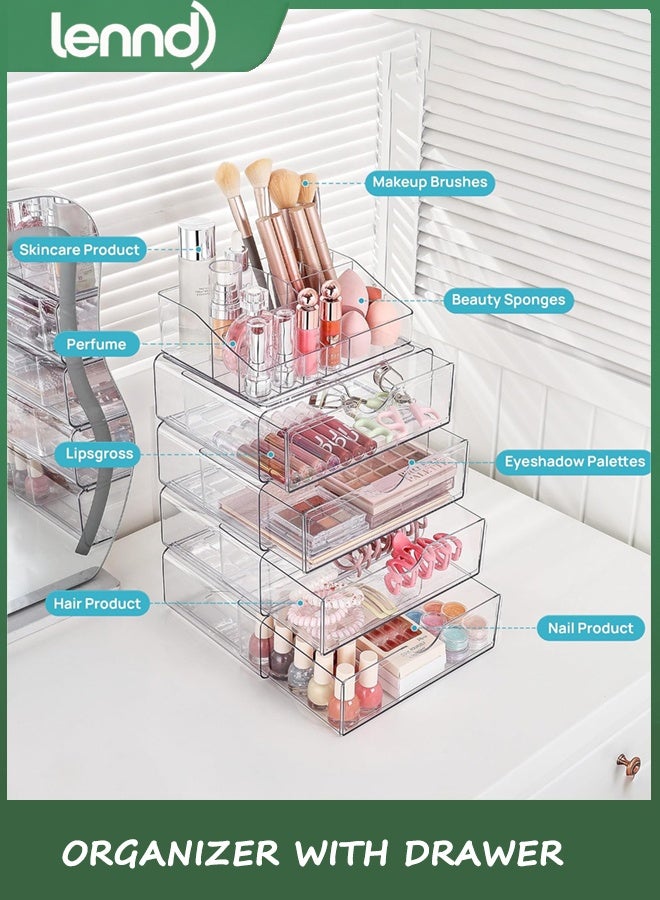 LENND 3 Tier Clear Makeup Organizer with Drawer, Cosmetic Storage for Dresser Countertop and Bathroom Vanity, Beauty Holder for Lipstick Brush Skincare - Image 3