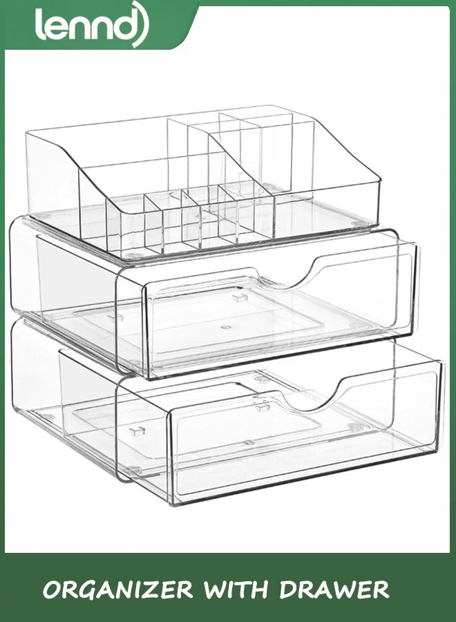 LENND 3 Tier Clear Makeup Organizer with Drawer, Cosmetic Storage for Dresser Countertop and Bathroom Vanity, Beauty Holder for Lipstick Brush Skincare - Image 2