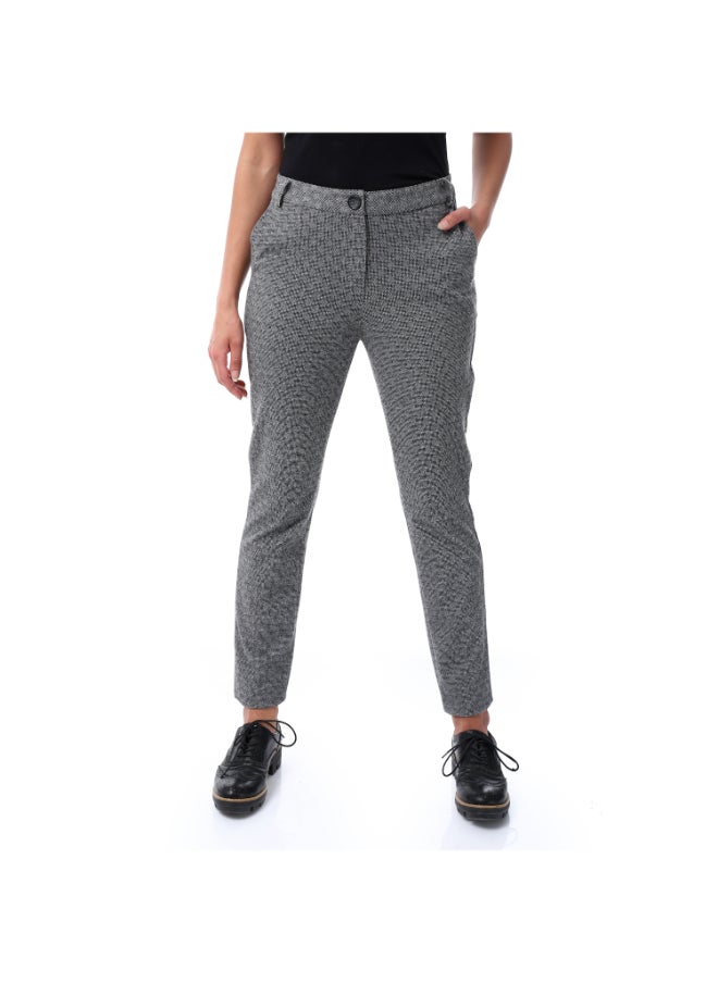 Esla Diamonds Self Pattern Straight Fit Fly Zipper Button Pebble Grey Trousers  - Image 1