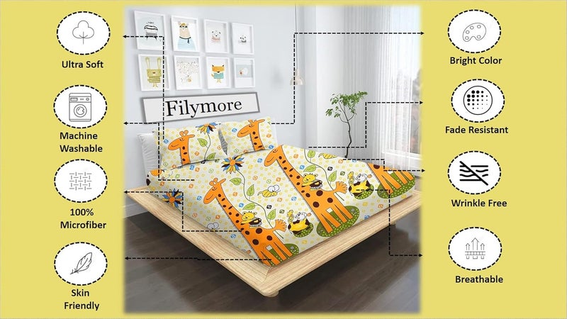 Filymore Giraffe Bedsheet Made with Microfiber 240 TC Wrinkle Free Soft Hypoallergenic Cartoon Printed Double Bed Size for Kids Room 90x90 InchesBoys Girls RoomCream - Image 3