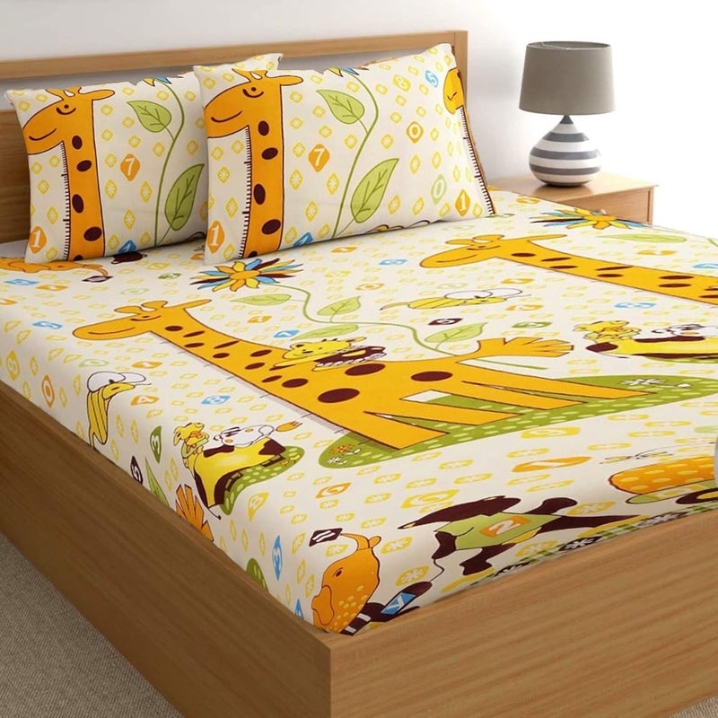 Filymore Giraffe Bedsheet Made with Microfiber 240 TC Wrinkle Free Soft Hypoallergenic Cartoon Printed Double Bed Size for Kids Room 90x90 InchesBoys Girls RoomCream - Image 1