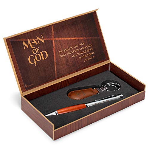 Dicksons Man of God 2 Piece Metal Woodgrain Ballpoint Pen and Leatherette Keychain Gift Boxed Set - Image 1