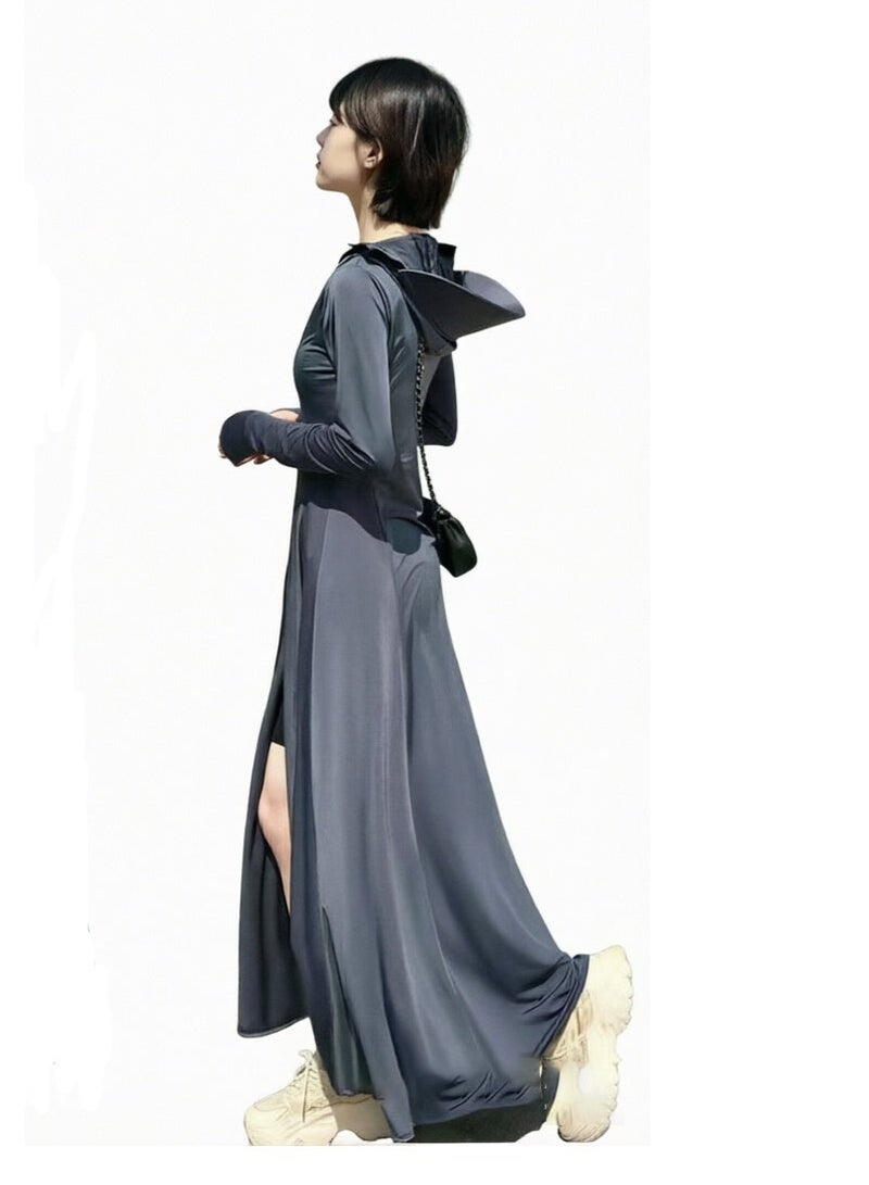 liannaner Modest Muslim Sun Protection Abaya Dress for Women UPF50+ Full Length Hooded Robe with Detachable Visor Long Sleeve Thumb Cuffs Zip Front Outdoor Beach Swim Cover Up - Image 2