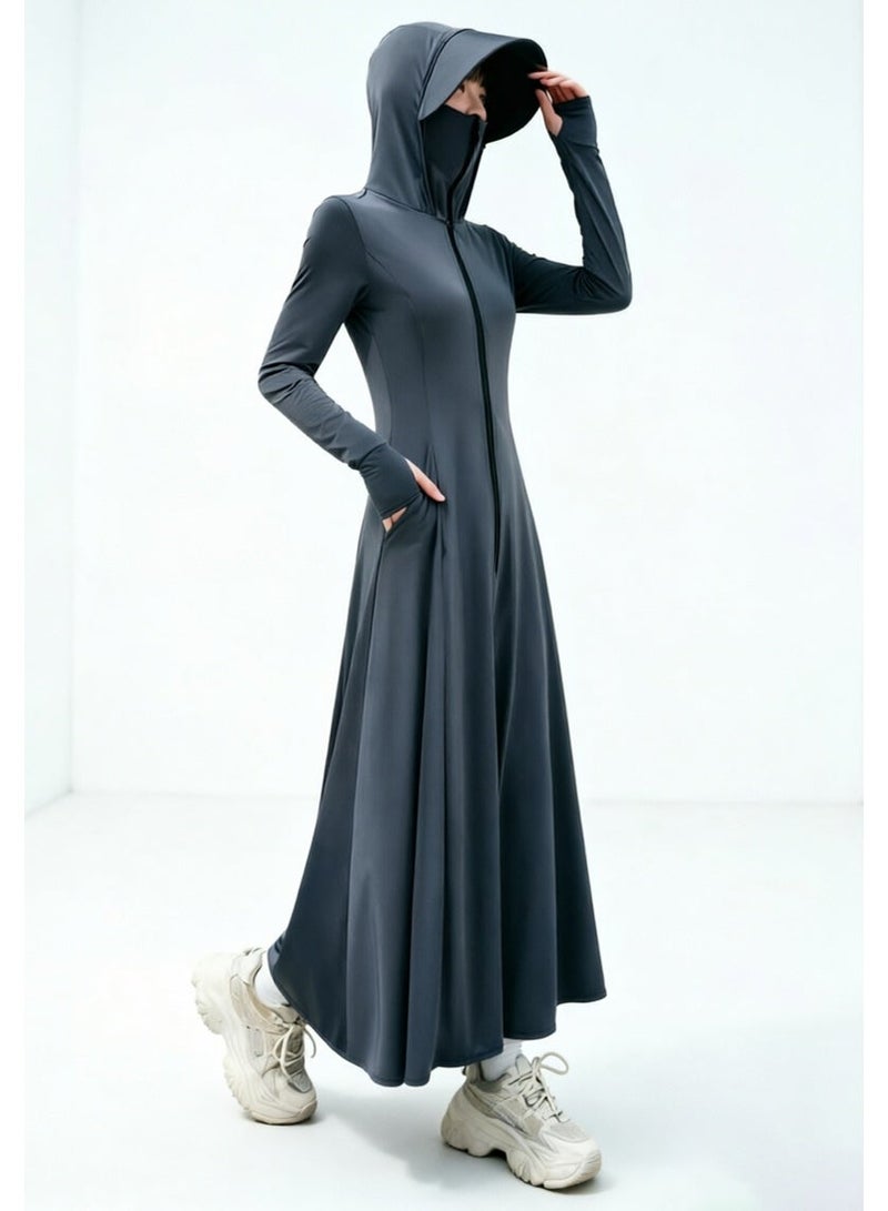 liannaner Modest Muslim Sun Protection Abaya Dress for Women UPF50+ Full Length Hooded Robe with Detachable Visor Long Sleeve Thumb Cuffs Zip Front Outdoor Beach Swim Cover Up - Image 1