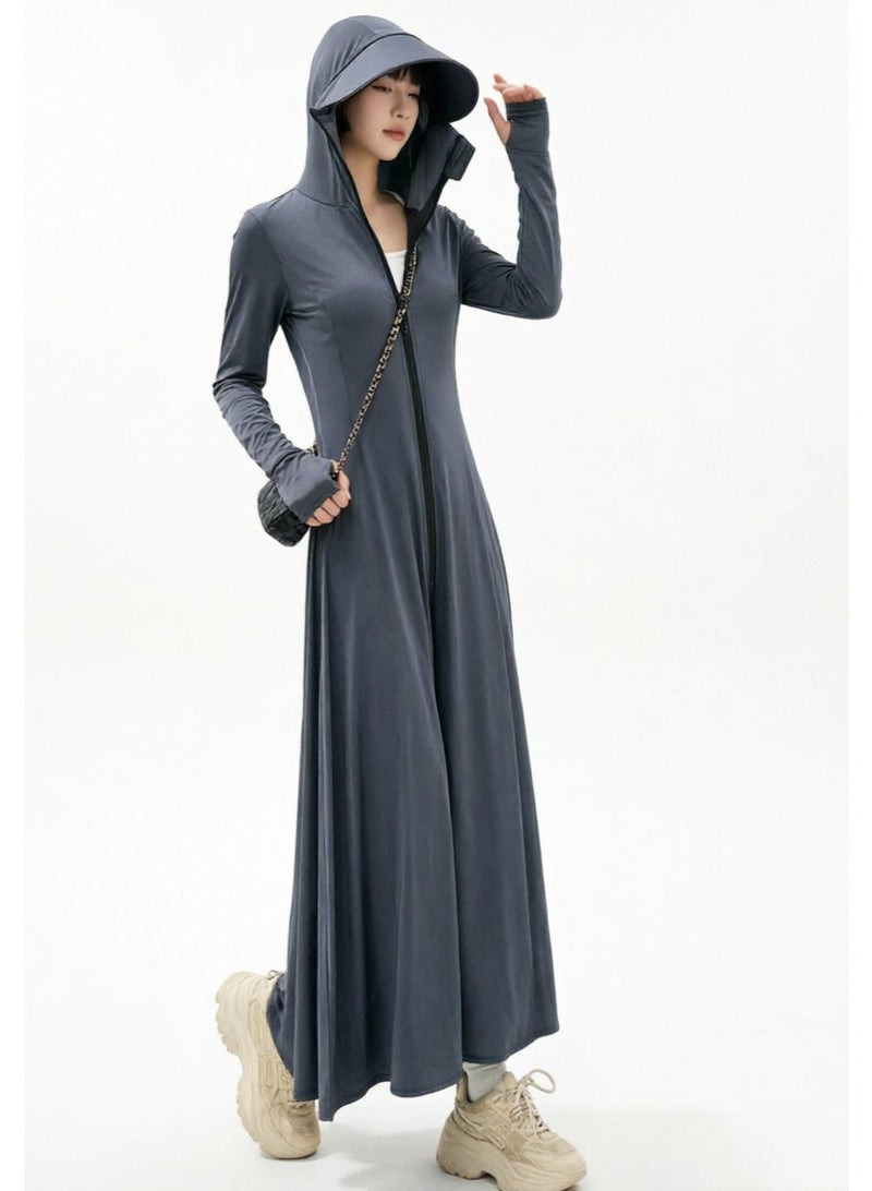 liannaner Modest Muslim Sun Protection Abaya Dress for Women UPF50+ Full Length Hooded Robe with Detachable Visor Long Sleeve Thumb Cuffs Zip Front Outdoor Beach Swim Cover Up - Image 3