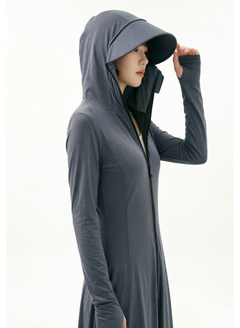 liannaner Modest Muslim Sun Protection Abaya Dress for Women UPF50+ Full Length Hooded Robe with Detachable Visor Long Sleeve Thumb Cuffs Zip Front Outdoor Beach Swim Cover Up - Image 5