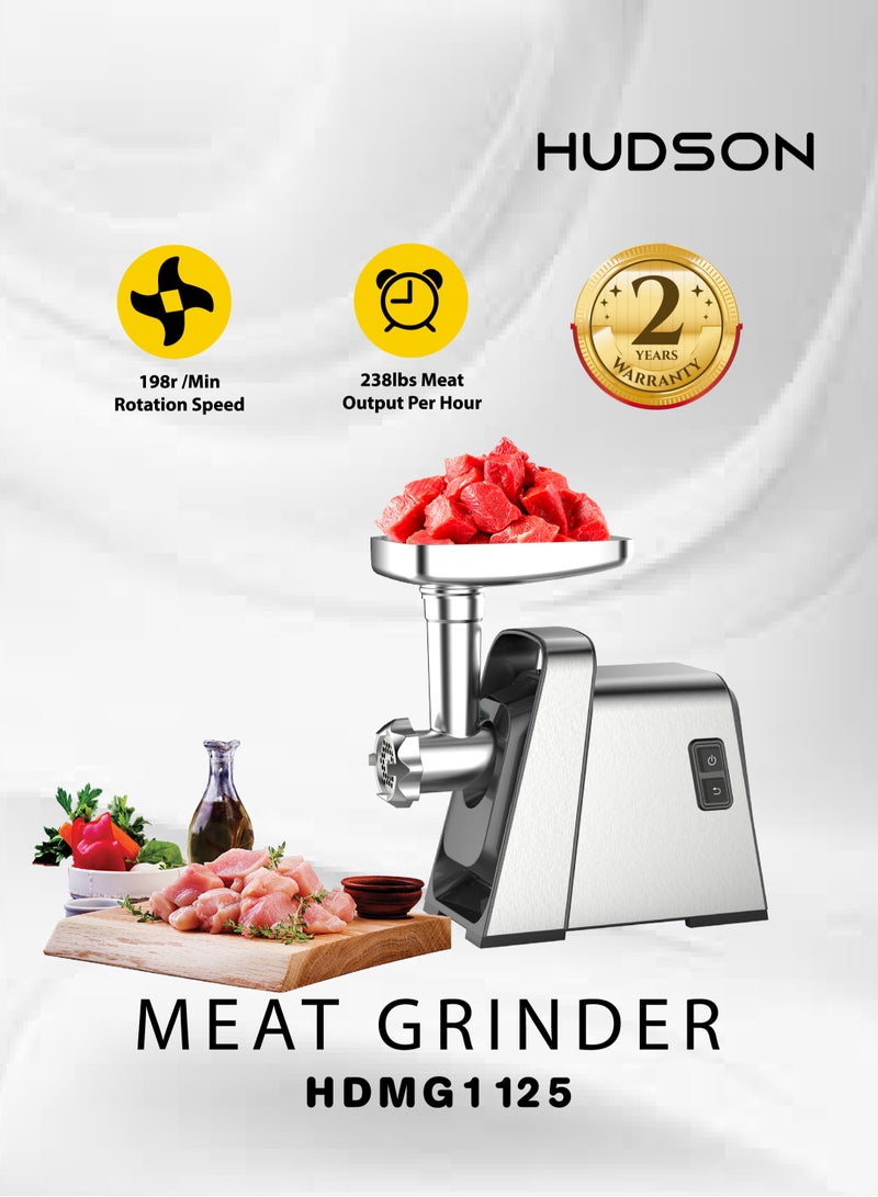 Hudson Stainless Steel Meat Grinder 1800W, 198r/Min Rotation Speed & 238lbs Meat Output Per Hour HDMG1125 - Image 2