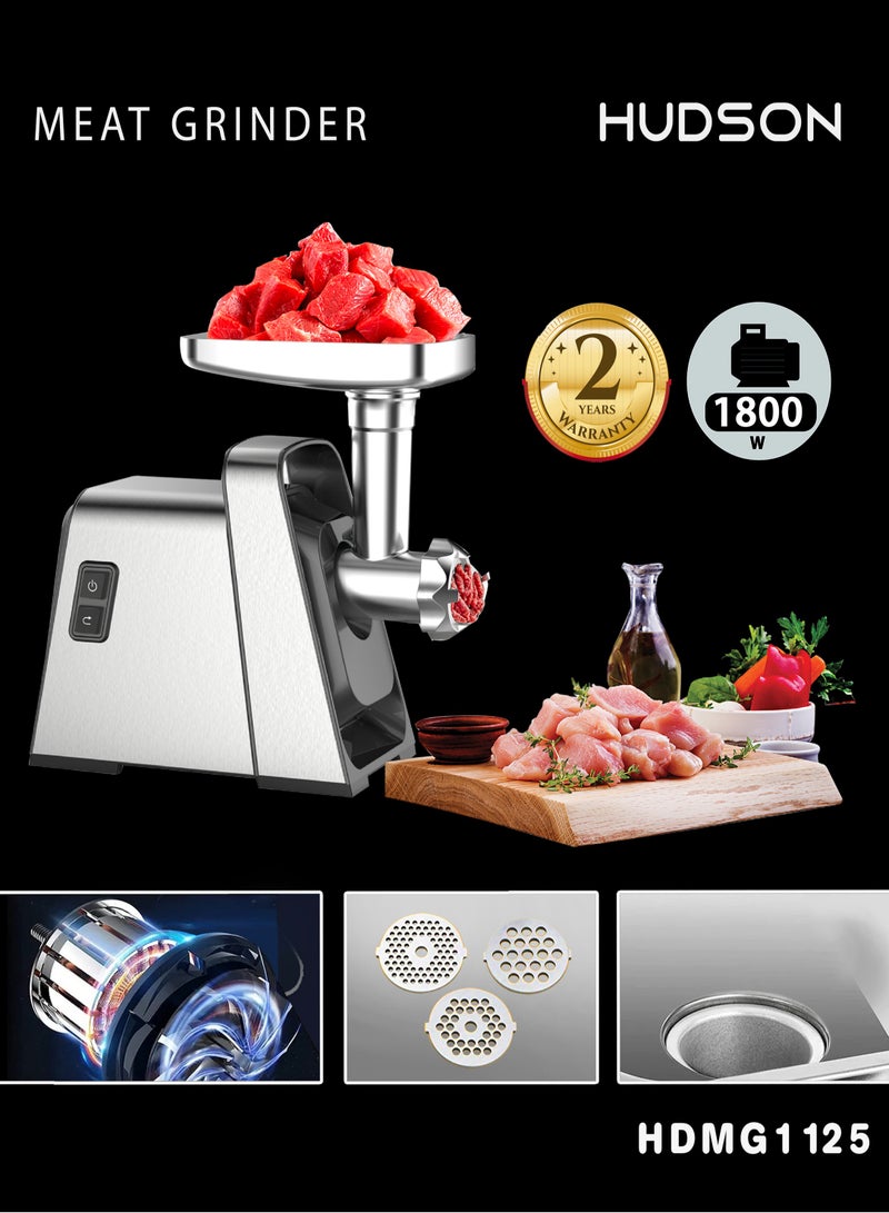 Hudson Stainless Steel Meat Grinder 1800W, 198r/Min Rotation Speed & 238lbs Meat Output Per Hour HDMG1125 - Image 3