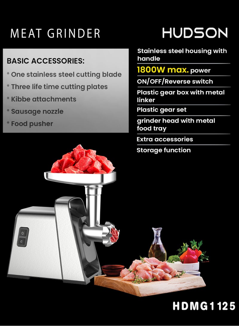 Hudson Stainless Steel Meat Grinder 1800W, 198r/Min Rotation Speed & 238lbs Meat Output Per Hour HDMG1125 - Image 4