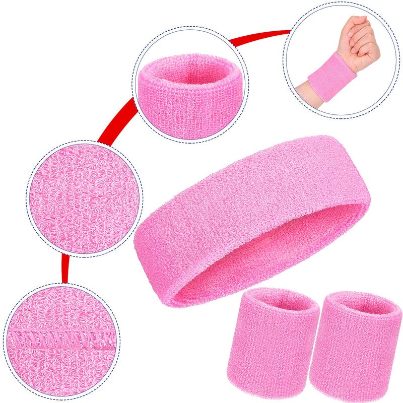 Bememo 6 Pcs Neon Sports Sweatbands Set Paris Sports Competitions Sweatbands 2 Headband 4 Wristbands Breathable Terry Cloth Athletic Bands for Basketball Tennis Costumes Cosplay(Pink) - Image 3