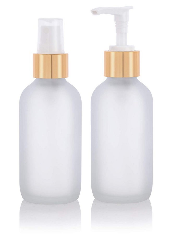 JUVITUS (4 Pack - 2 Of Each) 4 Oz Frosted Clear Glass Boston Round Bottle With Gold Metal Lotion Pump And Fine Mist Sprayer + Funnel And Travel Foamer Bottle  - Image 5