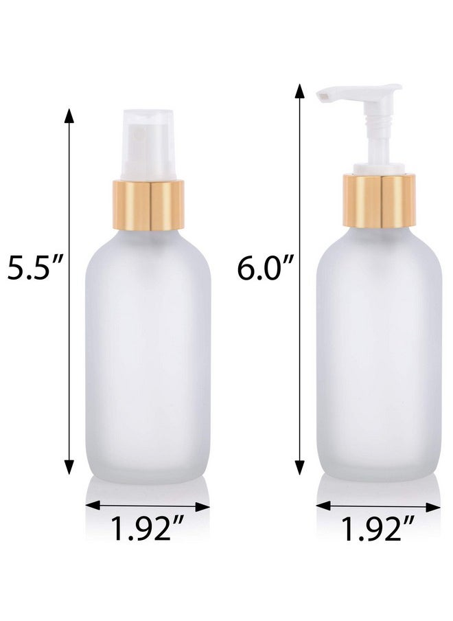 JUVITUS (4 Pack - 2 Of Each) 4 Oz Frosted Clear Glass Boston Round Bottle With Gold Metal Lotion Pump And Fine Mist Sprayer + Funnel And Travel Foamer Bottle  - Image 2