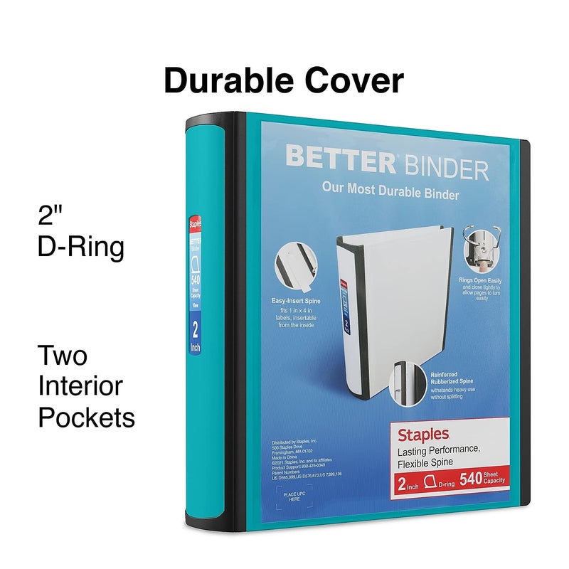 Staples Better Binder 2-Inch D-Ring View Binder, Reinforced Spine, Holds Up to 540 Sheets, Teal, for Office & School - Image 2